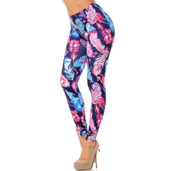 X-Plus‎ Size Womens Creamy Soft Colorful Large Feathers Brush Leggings - Picture 11 of 11